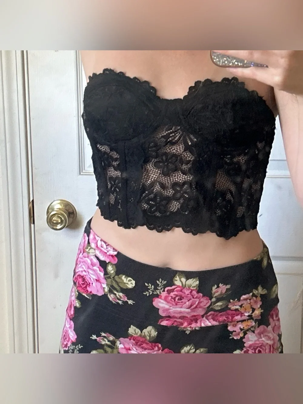 Lace Strapless Corset Crop Top - Black